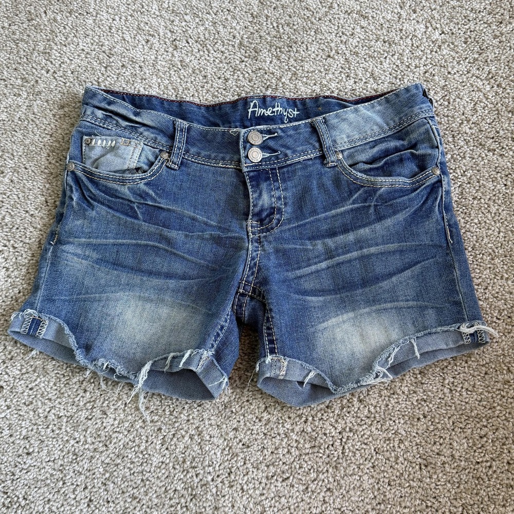 Amethyst Maggie Denim Cutoff Shorts Womens 7 Blue Embroidered Stretch Summer